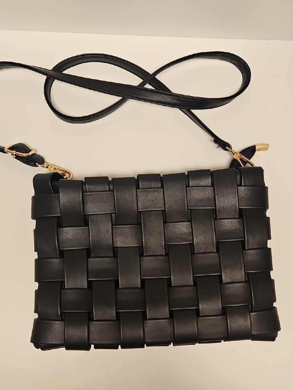 Anthropologie Black Woven Crossbody Bag with Gold-Tone Hardware